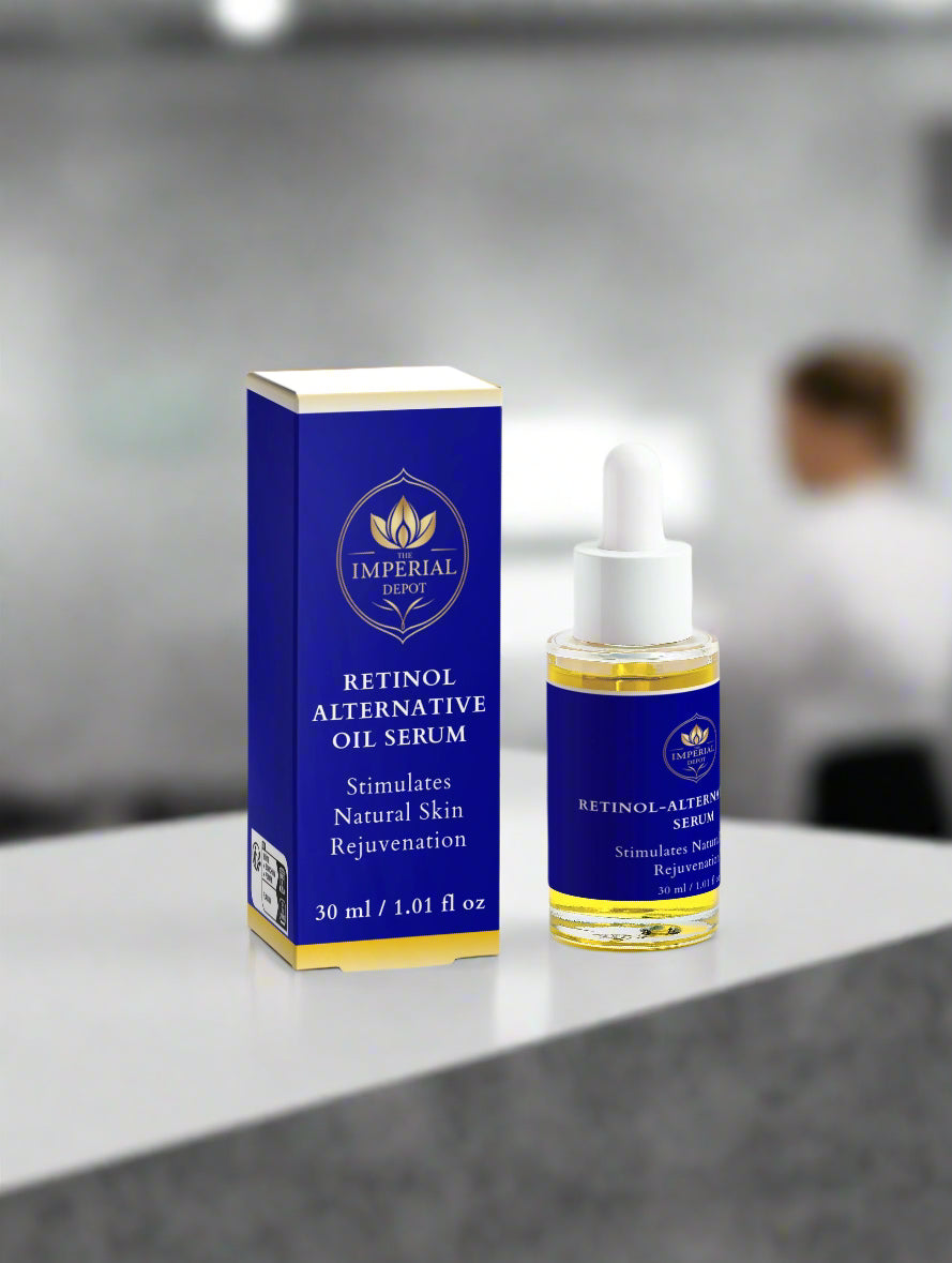 Retinol alternative oil serum with blue packaging on a white background
