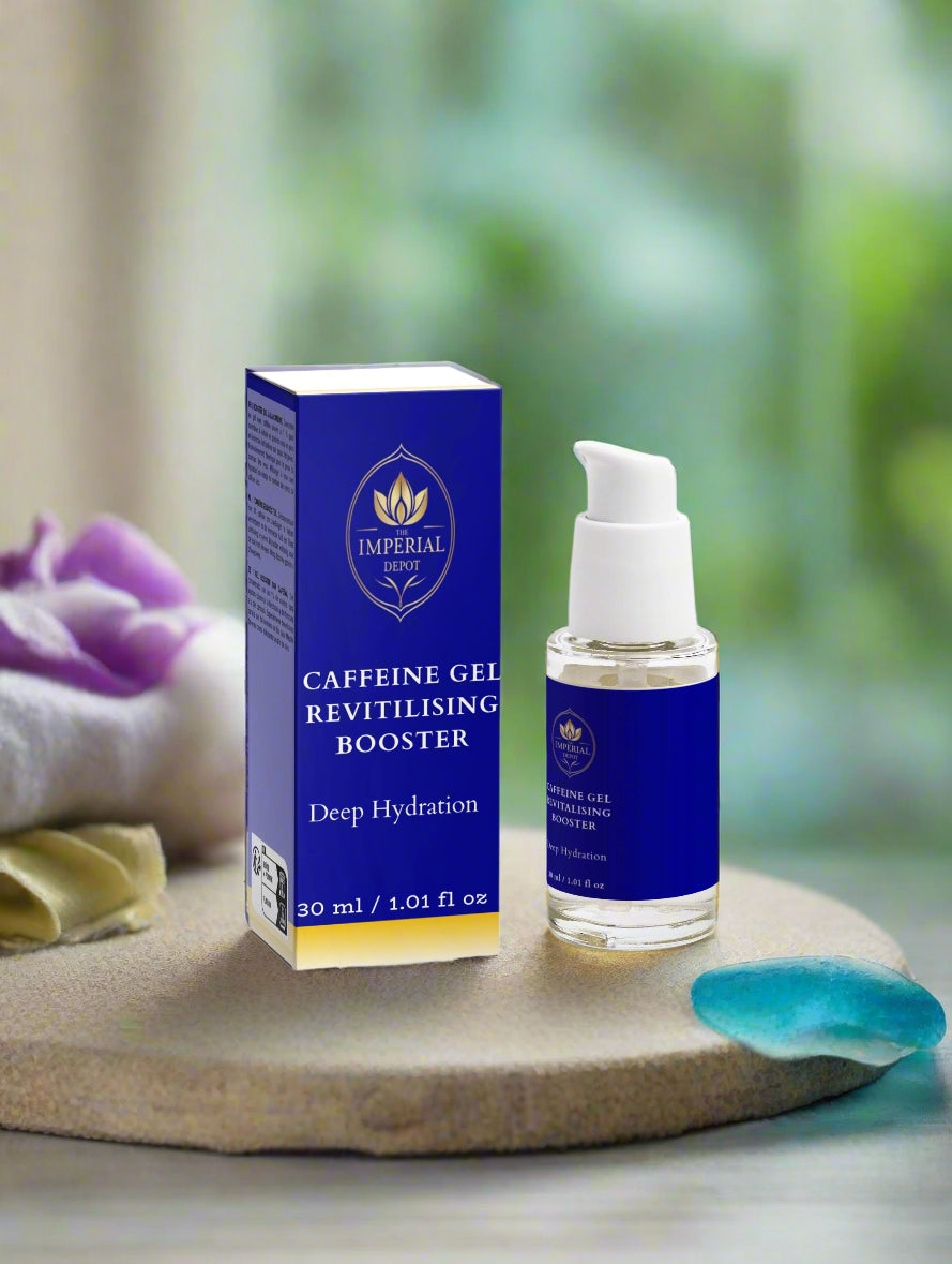 Caffeine gel revitalizing booster with packaging on a white background