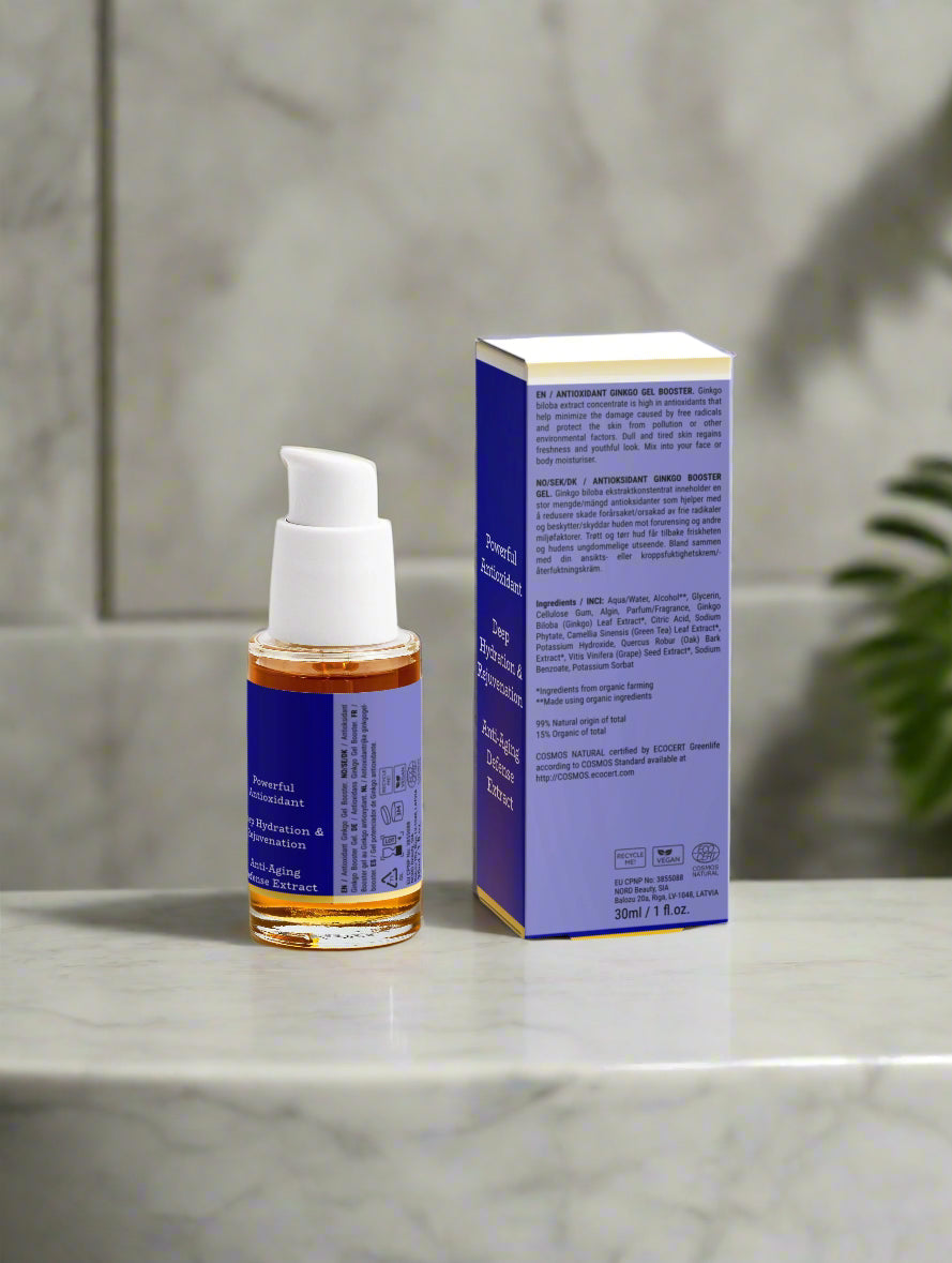 Skincare serum bottle and box on a marble surface with a neutral background