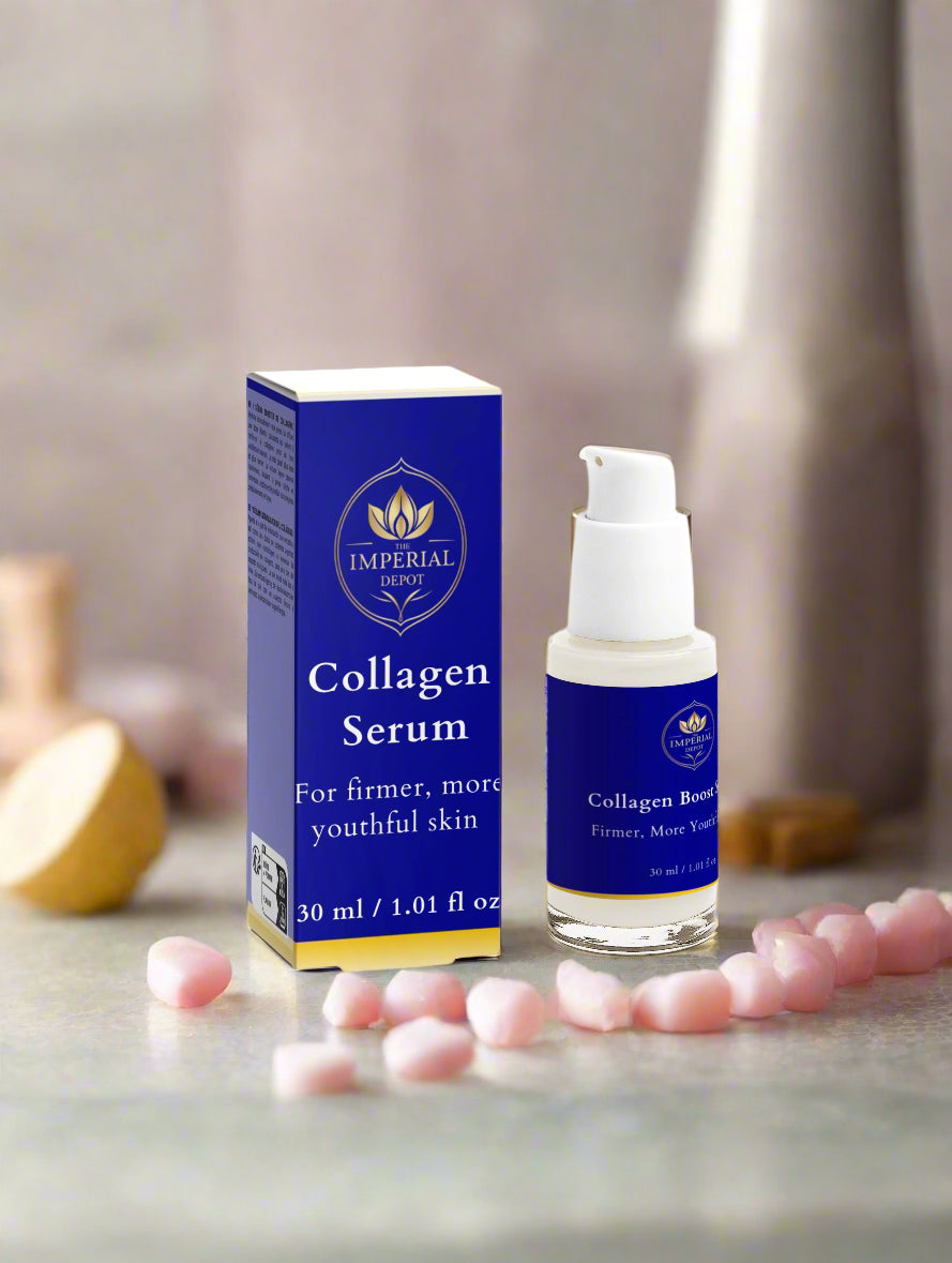 Collagen serum bottle and packaging on a neutral background