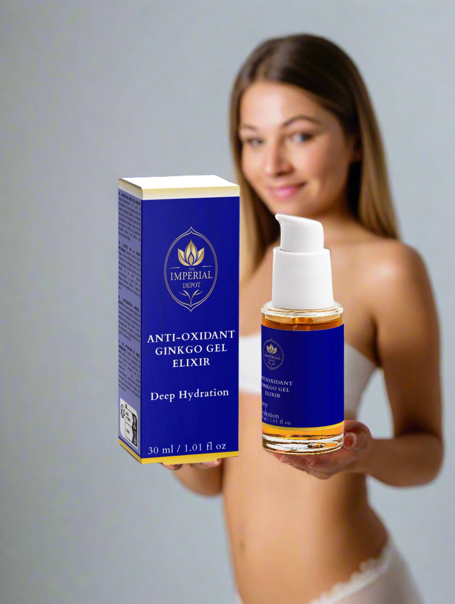 Anti-oxidant Ginkgo Gel Elixir with packaging on a white background