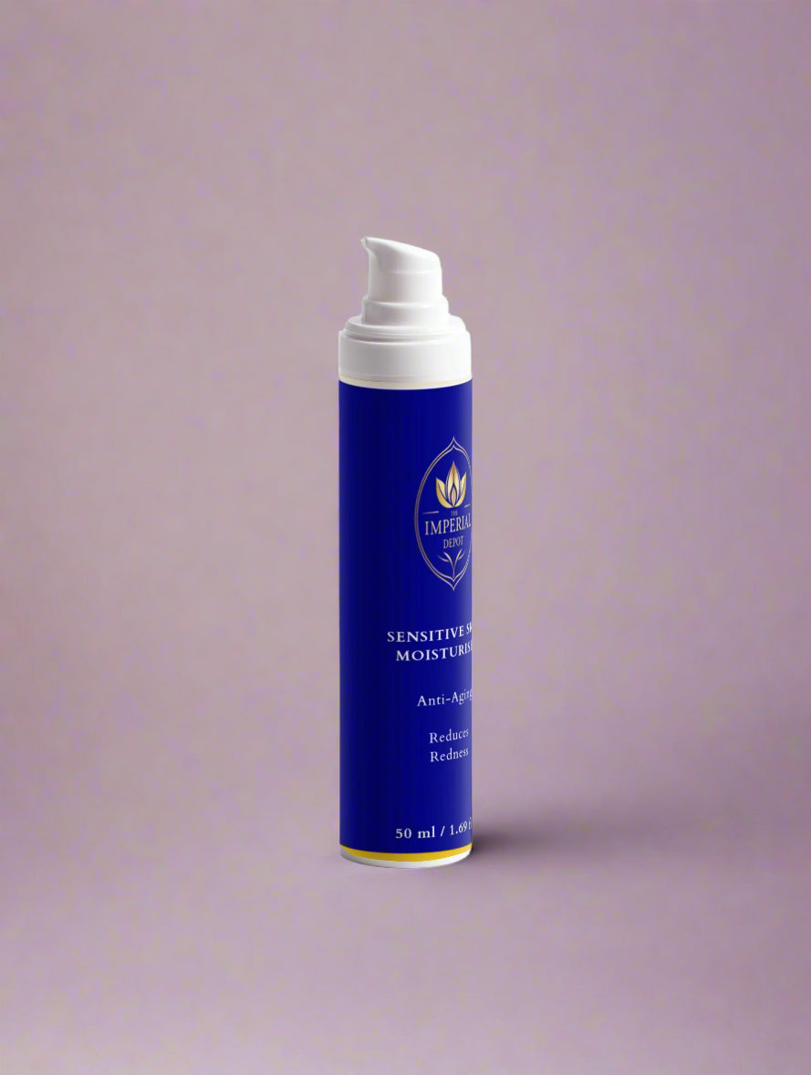 Blue and white bottle of Imperial Skin Care on a purple background