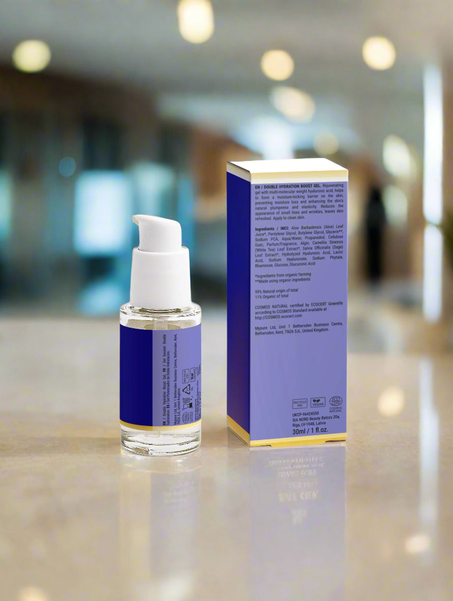 Skincare bottle and box with blue design on a blurred indoor background