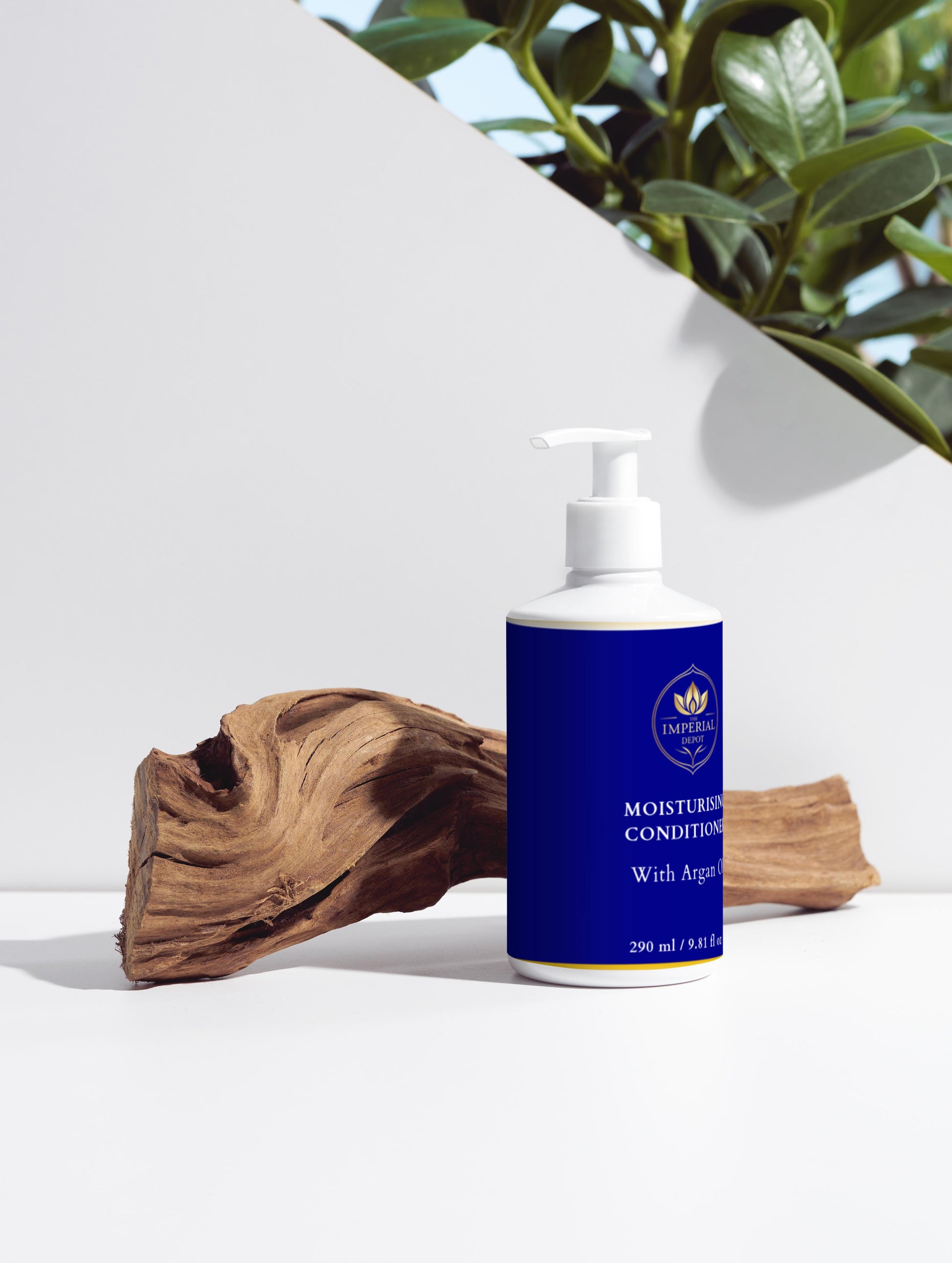 Moisturizing conditioner bottle with blue label on a white surface with a natural background