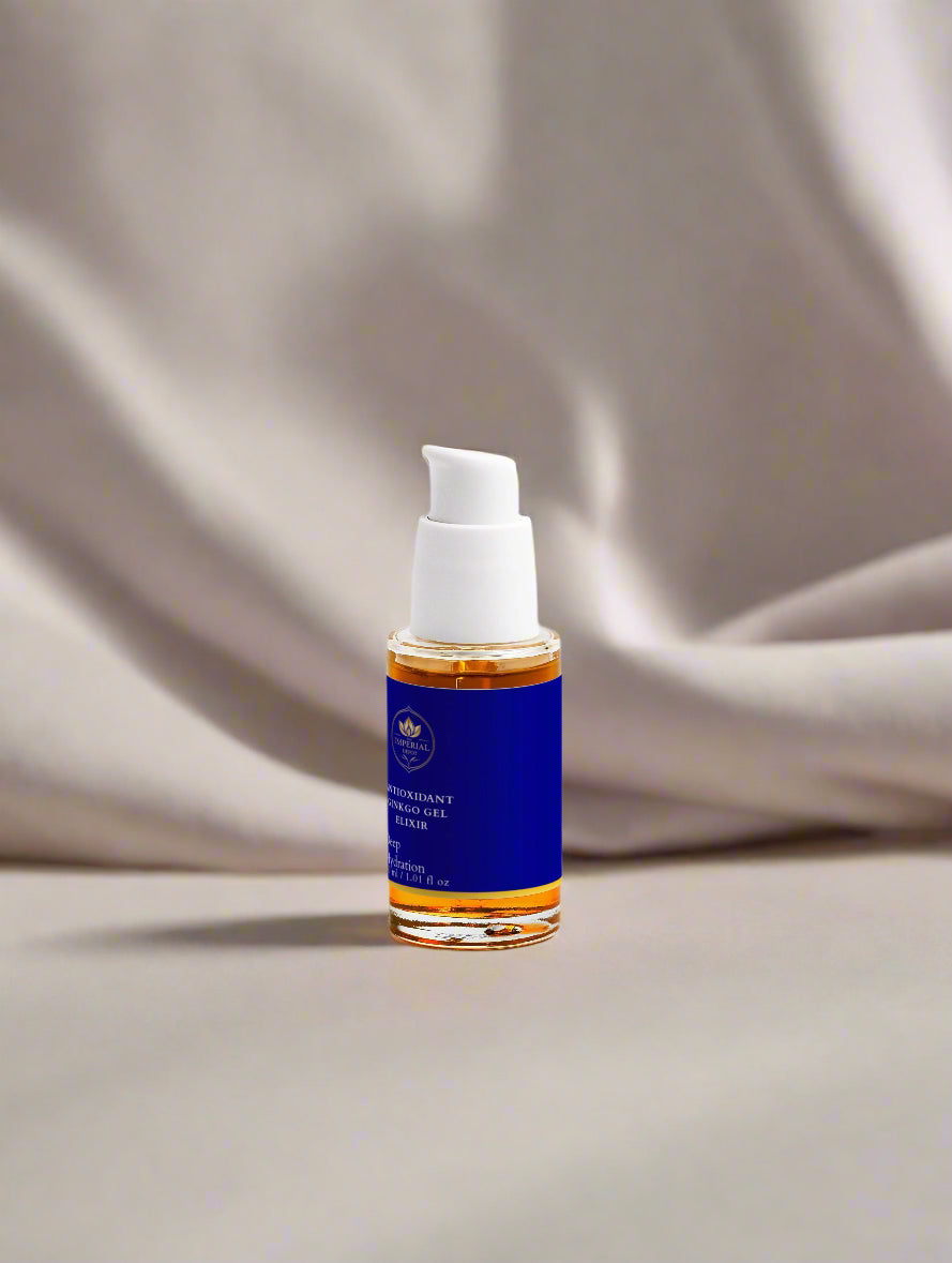 Skincare serum bottle with blue label on a beige fabric background
