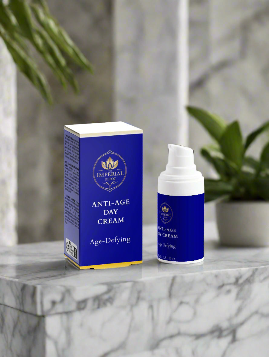 Anti-aging day cream with packaging on a marble surface