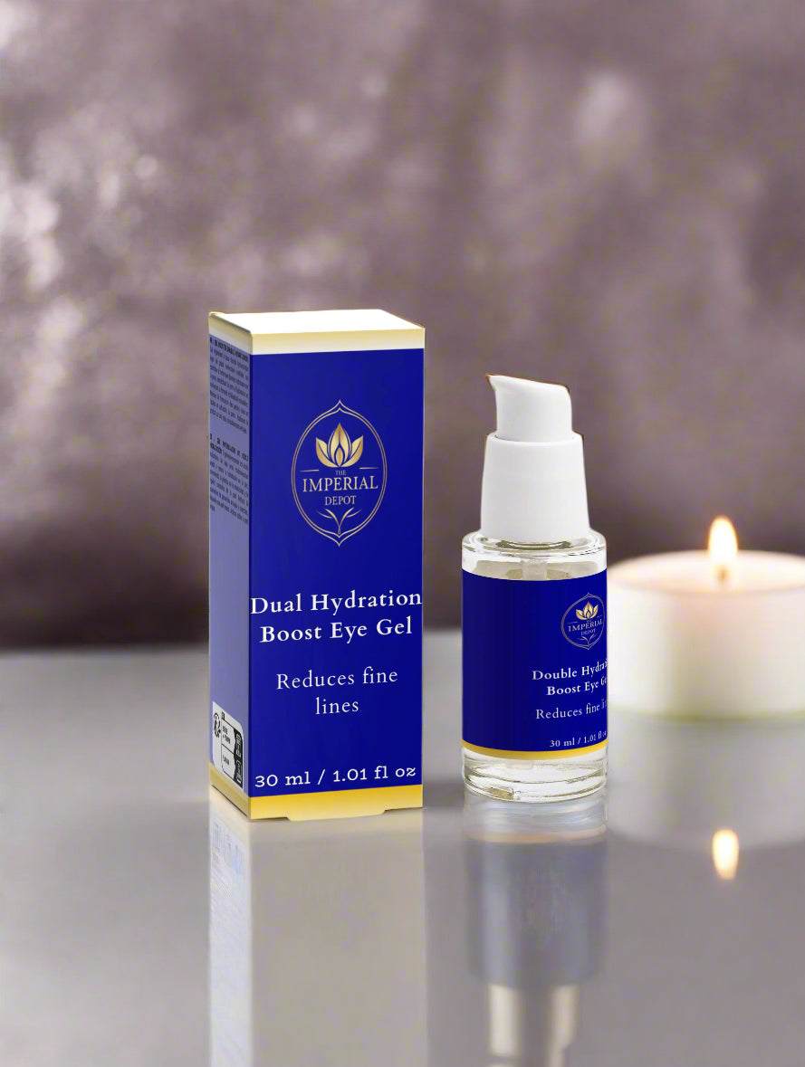 Dual Hydration Boost Eye Gel with packaging on a reflective surface with a blurred candle background