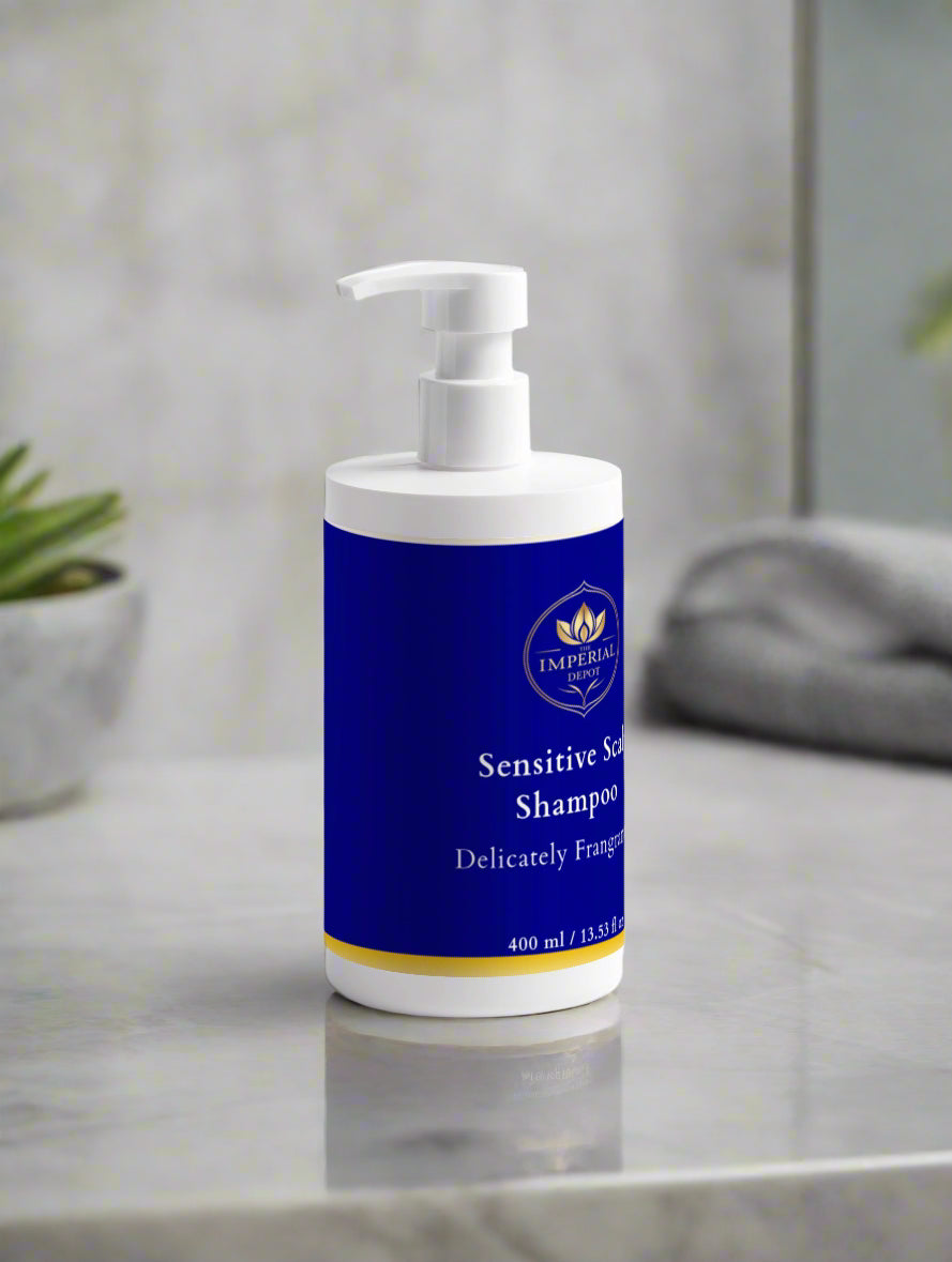 Bottle of sensitive skin shampoo on a bathroom counter