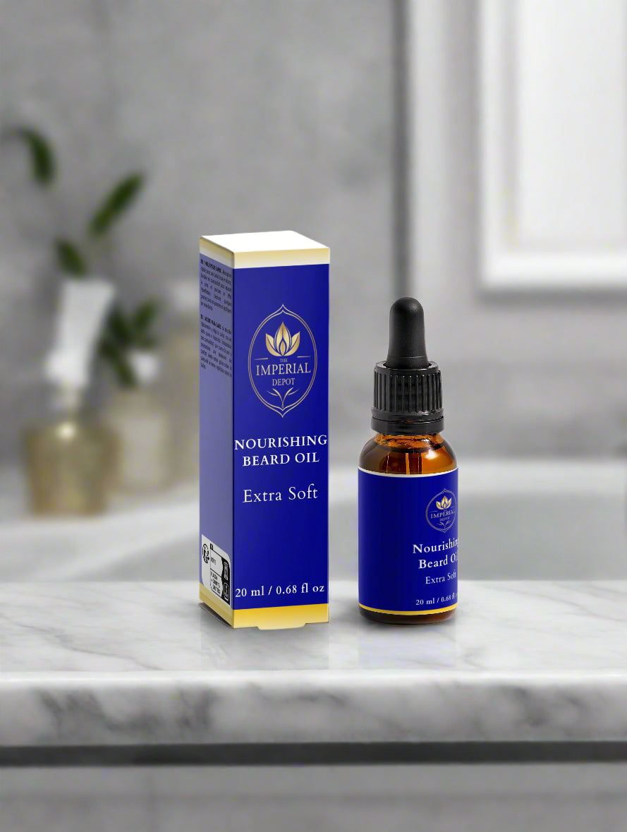 Nourishing beard oil bottle and packaging on a marble surface with a neutral background