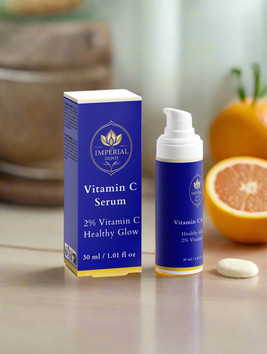 Vitamin C serum packaging with blue box and bottle on a white background