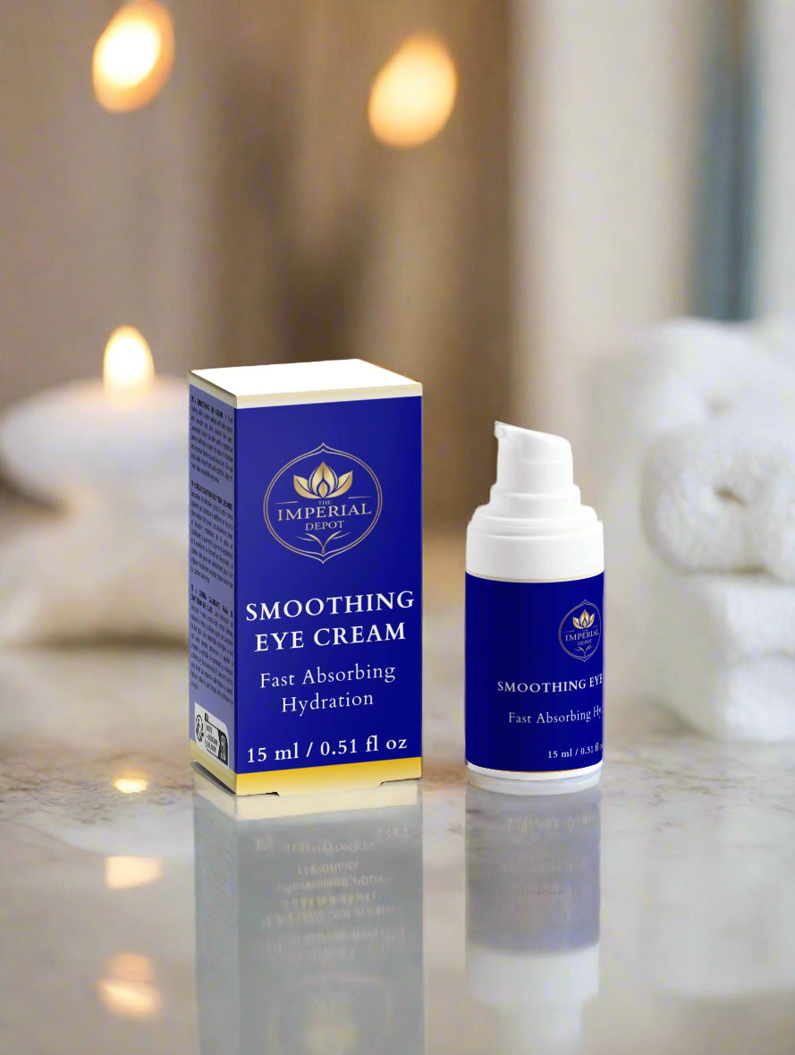 Smoothing eye cream with packaging on a reflective surface
