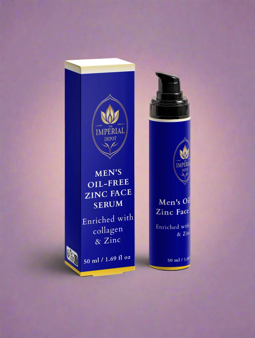 Men's oil-free zinc face serum with packaging on a light gray background