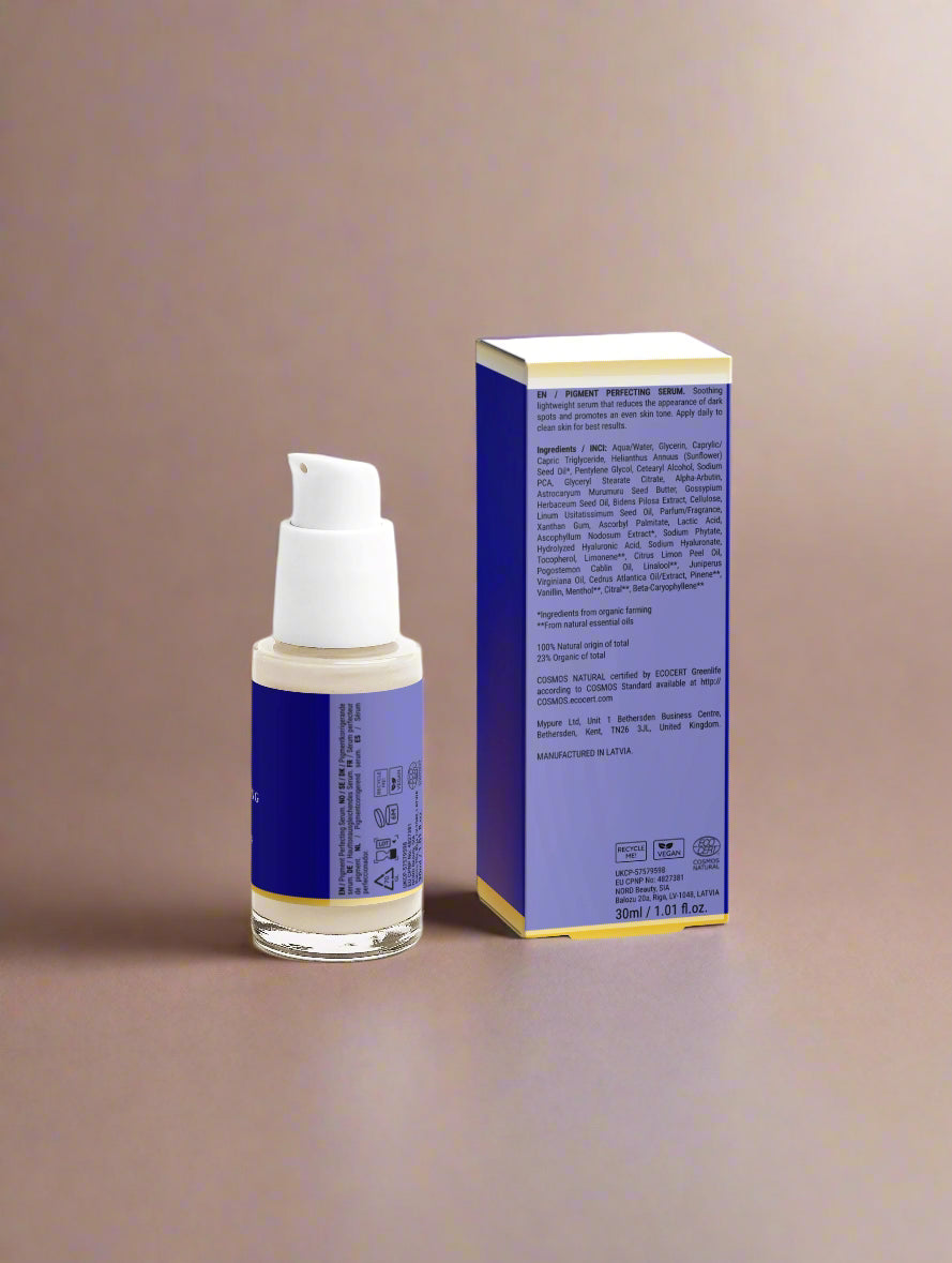 Skincare bottle and box with blue and white design on a light gray background