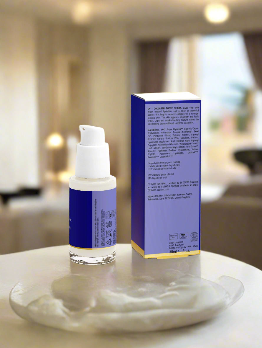 Skincare bottle and box on a marble surface with a blurred indoor background
