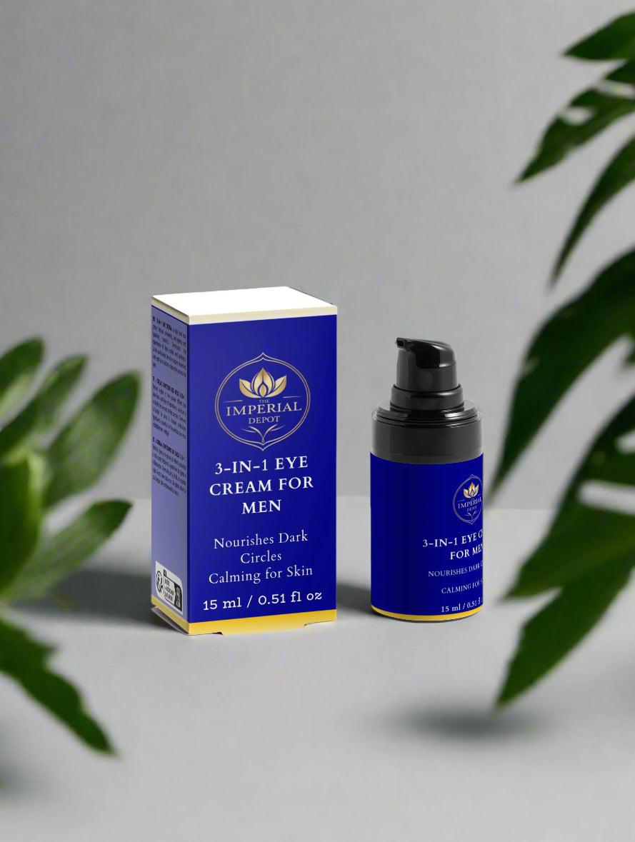 Blue 3-in-1 eye cream for men with packaging on a gray background
