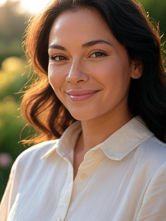 Woman wearing a white shirt with a blurred natural background
