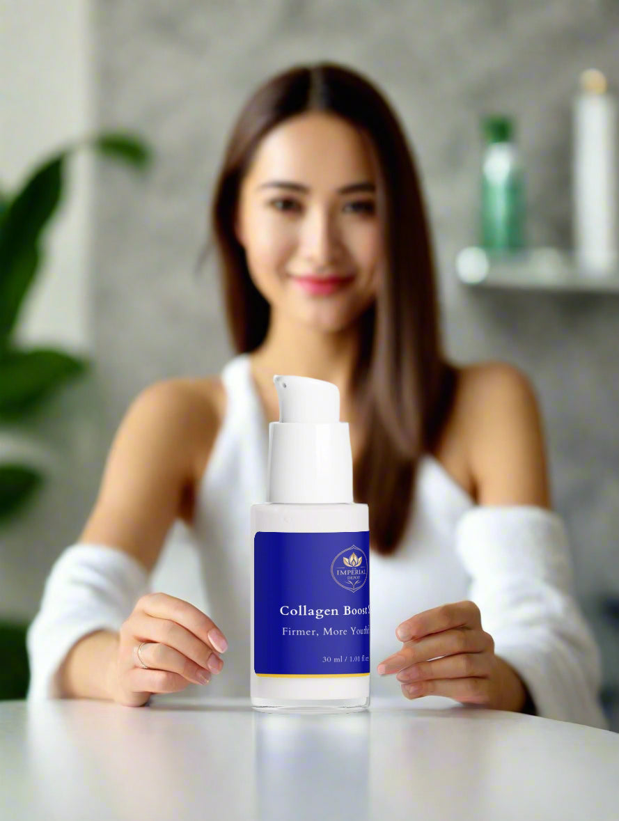 Woman holding a bottle of 'Collagen Boost' product in a bathroom setting