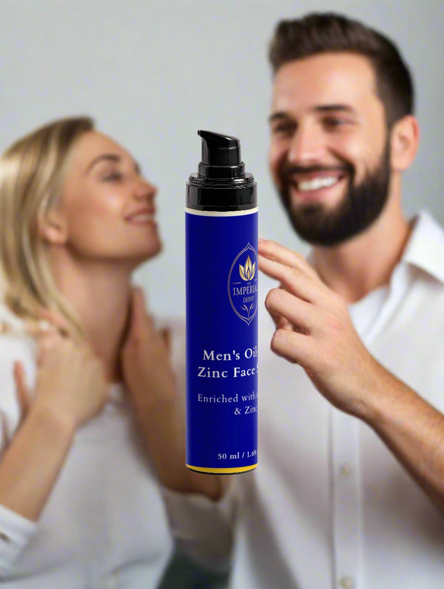 Man holding a blue bottle labeled 'Men's Only Zinc Face Cream' with a woman in the background.