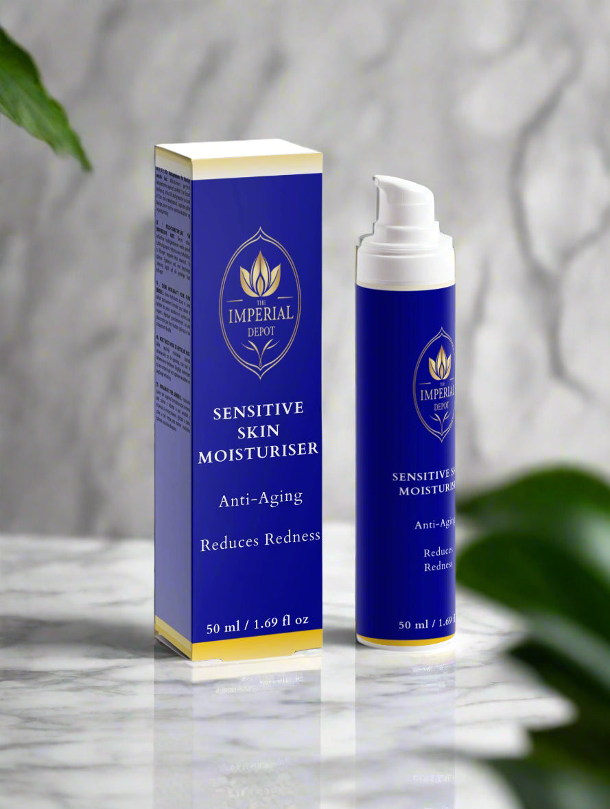 Sensitive skin moisturizer with packaging on a marble surface