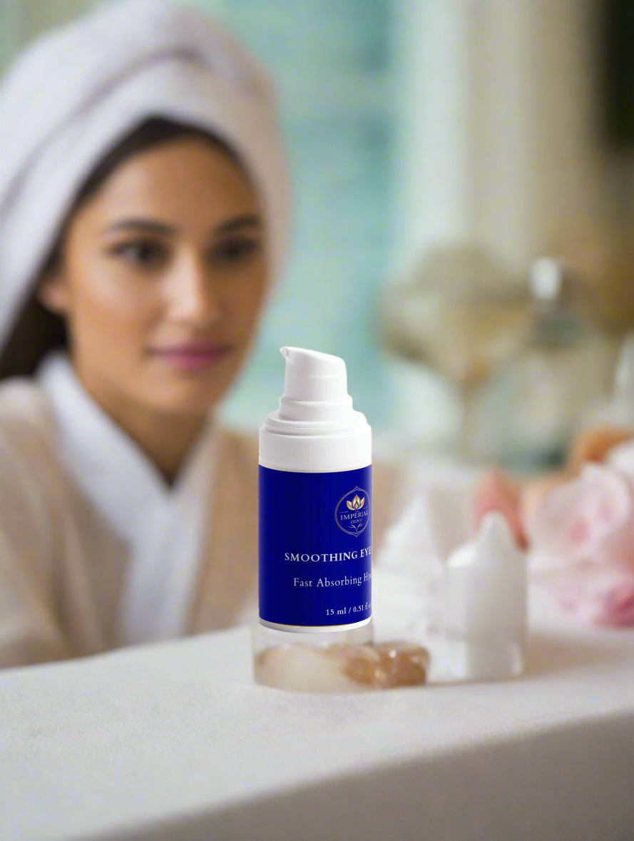 Woman in a bathrobe with a bottle of skincare product in the foreground