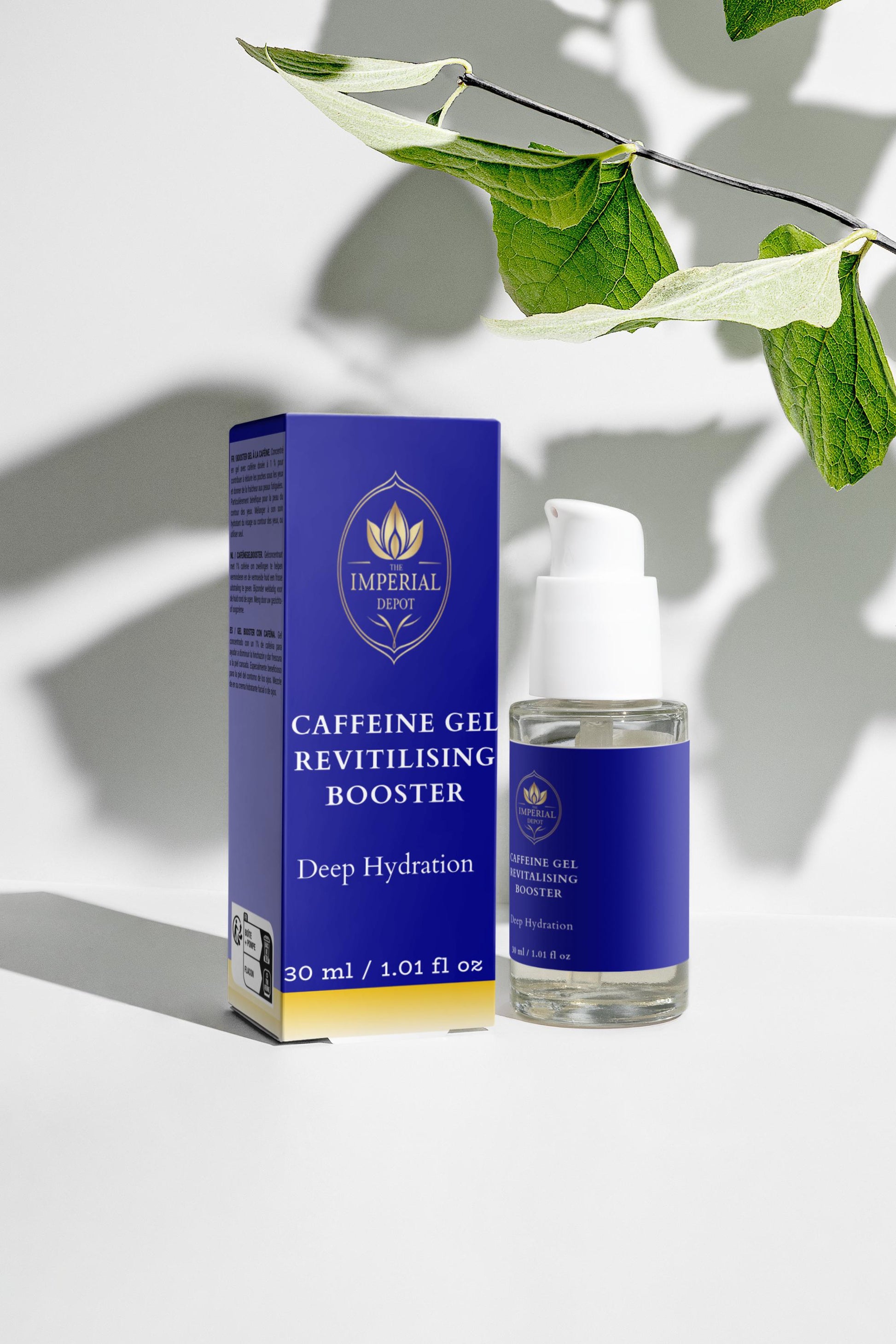 Imperial Beauty caffeine gel revitalising booster with packaging on a light background