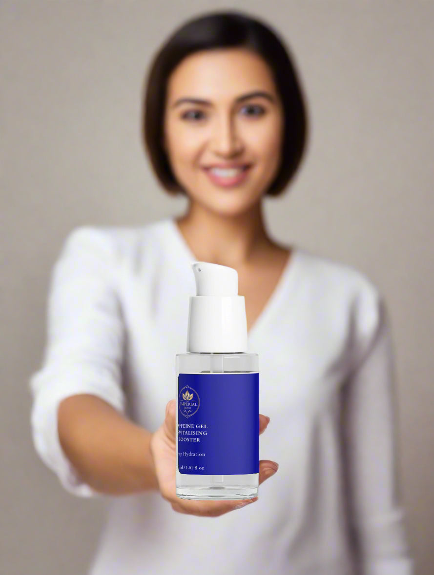 Woman holding a bottle of skincare product with a blue label against a neutral background